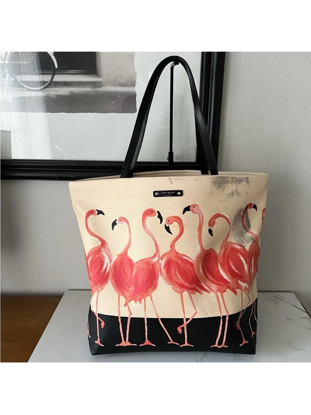 Canvas Flamingo Tote Bag with Black Trim see all pictures. It has black marks.